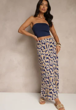 Granatowo-Beżowa Rozkloszowana Spódnica z Wiskozy High Waist Fevanice