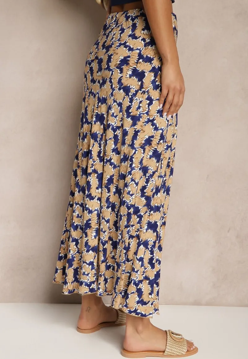 Granatowo-Beżowa Rozkloszowana Spódnica z Wiskozy High Waist Fevanice