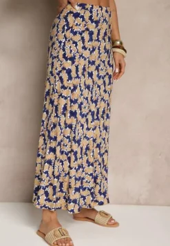 Granatowo-Beżowa Rozkloszowana Spódnica z Wiskozy High Waist Fevanice