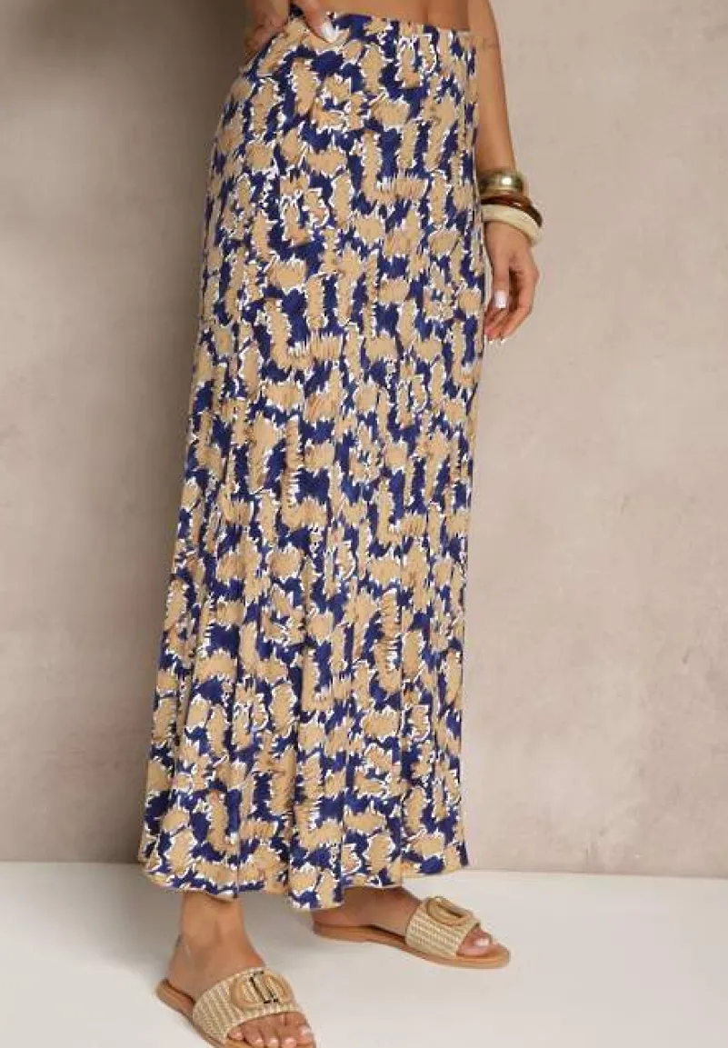 Granatowo-Beżowa Rozkloszowana Spódnica z Wiskozy High Waist Fevanice
