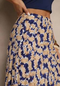 Granatowo-Beżowa Rozkloszowana Spódnica z Wiskozy High Waist Fevanice