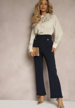 Granatowo-Beżowy Kombinezon z Koszulową Górą Zdobiony Wiązaniem i Eleganckimi Guzikami Eliti