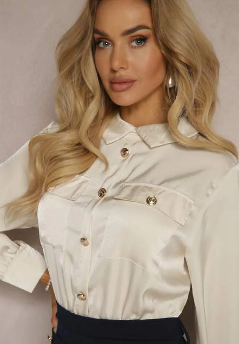 Granatowo-Beżowy Kombinezon z Koszulową Górą Zdobiony Wiązaniem i Eleganckimi Guzikami Eliti