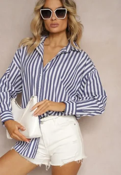 Granatowo-Biała Bawełniana Koszula w Pionowe Paski Zapinana na Guziki Drolia