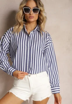 Granatowo-Biała Bawełniana Koszula w Pionowe Paski Zapinana na Guziki Drolia