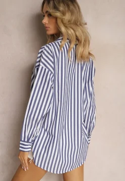 Granatowo-Biała Bawełniana Koszula w Pionowe Paski Zapinana na Guziki Drolia