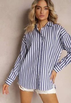 Granatowo-Biała Bawełniana Koszula w Pionowe Paski Zapinana na Guziki Drolia