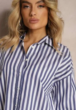 Granatowo-Biała Bawełniana Koszula w Pionowe Paski Zapinana na Guziki Drolia