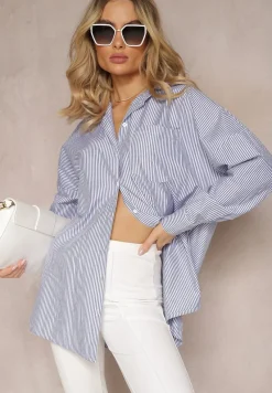 Granatowo-Biała Długa Koszula w Cienkie Paski ze Wsuwanymi Kieszeniami Buliggia