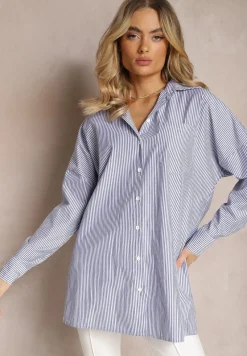 Granatowo-Biała Długa Koszula w Cienkie Paski ze Wsuwanymi Kieszeniami Buliggia