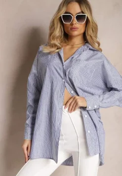 Granatowo-Biała Długa Koszula w Cienkie Paski ze Wsuwanymi Kieszeniami Buliggia