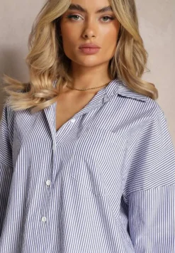 Granatowo-Biała Długa Koszula w Cienkie Paski ze Wsuwanymi Kieszeniami Buliggia