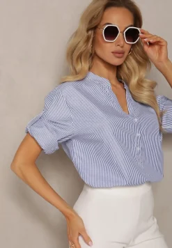 Granatowo-Biała Koszula z Bawełny o Luźnym Kroju w Paski z Guziczkami Konolla