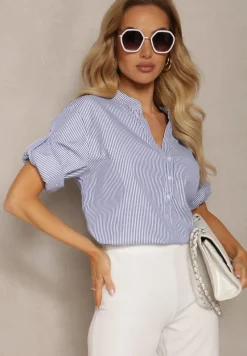 Granatowo-Biała Koszula z Bawełny o Luźnym Kroju w Paski z Guziczkami Konolla