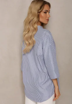 Granatowo-Biała Koszula z Bawełny o Luźnym Kroju w Paski z Guziczkami Konolla