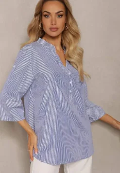 Granatowo-Biała Koszula z Bawełny o Luźnym Kroju w Paski z Guziczkami Konolla