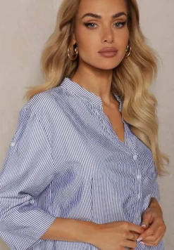 Granatowo-Biała Koszula z Bawełny o Luźnym Kroju w Paski z Guziczkami Konolla