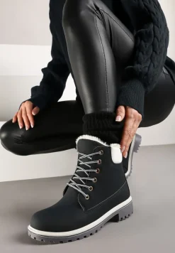 Granatowo-Białe Płaskie Sznurowane Trapery z Ociepleniem Mennalea