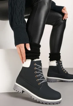 Granatowo-Białe Płaskie Sznurowane Trapery z Ociepleniem Mennalea