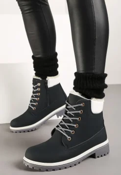 Granatowo-Białe Płaskie Sznurowane Trapery z Ociepleniem Mennalea