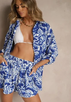 Granatowo-Biały Dwuczęściowy Komplet Koszula z Długim Podpinanym Rękawem Szorty z Gumką w Talii Bellafaie