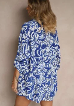 Granatowo-Biały Dwuczęściowy Komplet Koszula z Długim Podpinanym Rękawem Szorty z Gumką w Talii Bellafaie