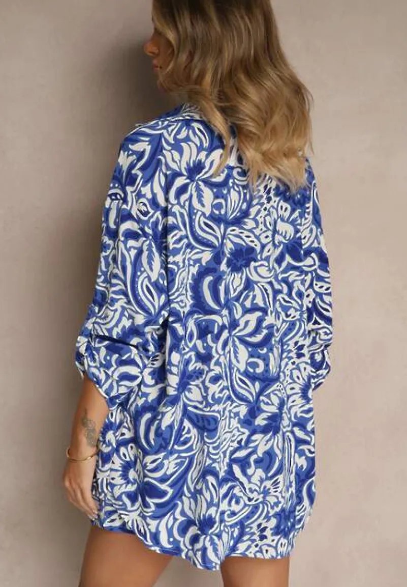 Granatowo-Biały Dwuczęściowy Komplet Koszula z Długim Podpinanym Rękawem Szorty z Gumką w Talii Bellafaie