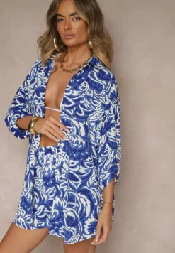 Granatowo-Biały Dwuczęściowy Komplet Koszula z Długim Podpinanym Rękawem Szorty z Gumką w Talii Bellafaie