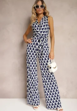 Granatowo-Biały Kombinezon o Taliowanym Kroju z Trójkątnym Dekoltem i Paskiem w Talii Geranea