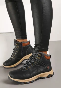 Granatowo-Brązowe Ocieplane Trapery na Płaskiej Podeszwie ze Sznurowaniem i Przeszyciami Temilune