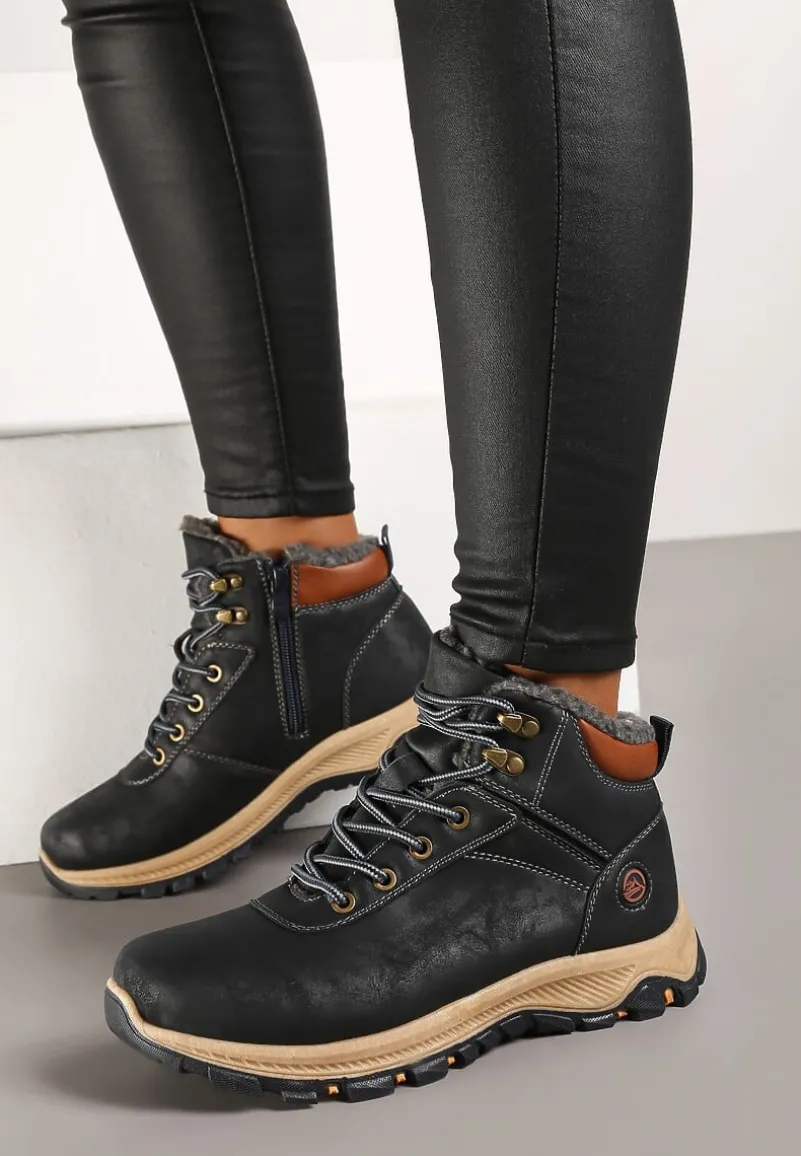 Granatowo-Brązowe Ocieplane Trapery na Płaskiej Podeszwie ze Sznurowaniem i Przeszyciami Temilune