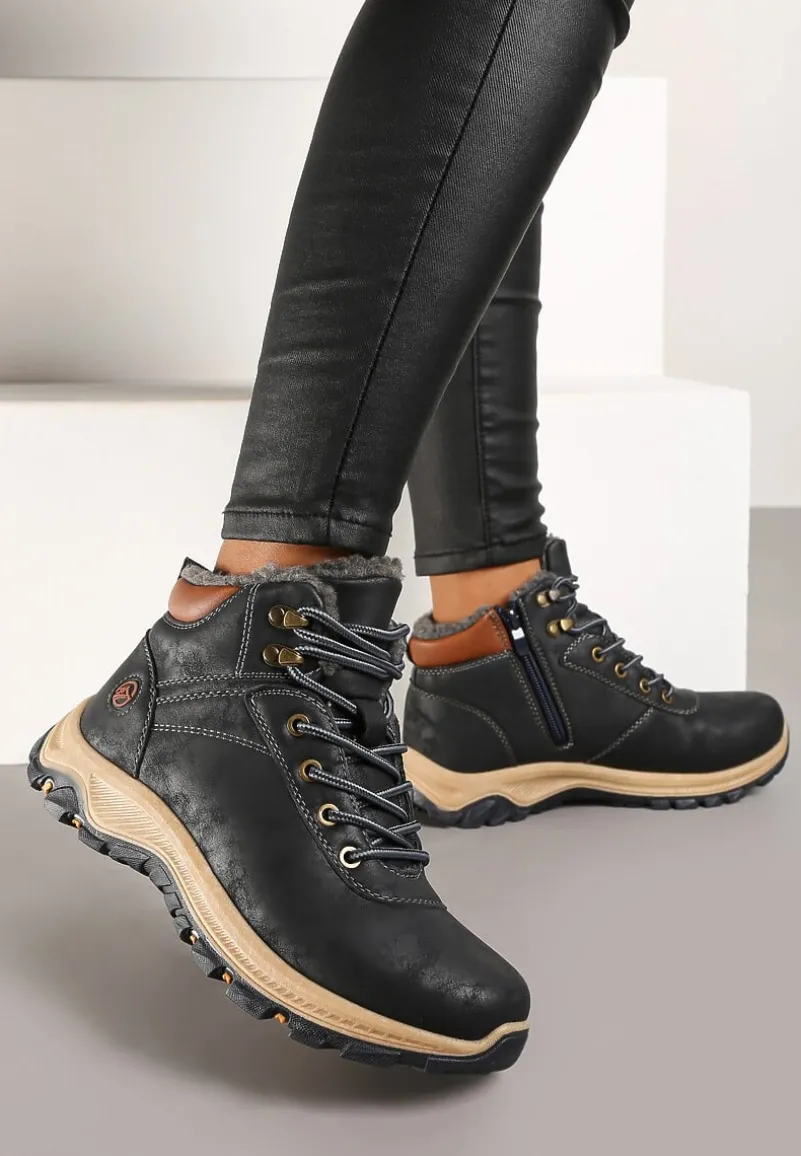 Granatowo-Brązowe Ocieplane Trapery na Płaskiej Podeszwie ze Sznurowaniem i Przeszyciami Temilune