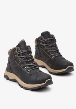 Granatowo-Brązowe Ocieplane Trapery na Płaskiej Podeszwie ze Sznurowaniem i Przeszyciami Temilune