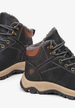 Granatowo-Brązowe Ocieplane Trapery na Płaskiej Podeszwie ze Sznurowaniem i Przeszyciami Temilune