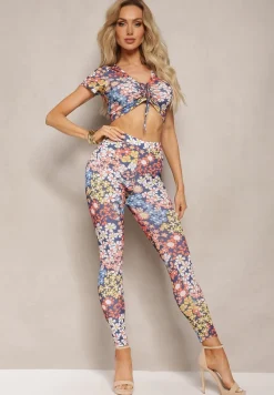 Granatowo-Czerwony 2-Częściowy Komplet w Kwiecisty Wzór Top i Legginsy Xeranetta
