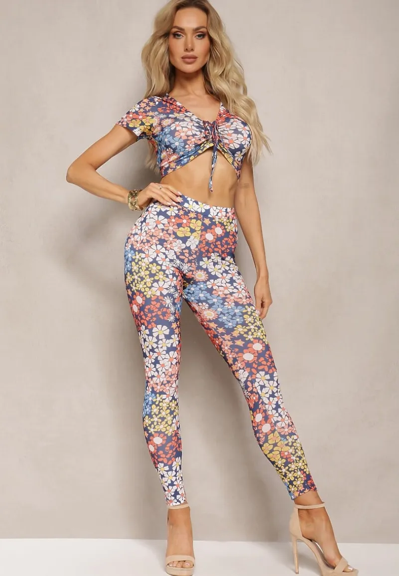 Granatowo-Czerwony 2-Częściowy Komplet w Kwiecisty Wzór Top i Legginsy Xeranetta