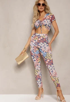 Granatowo-Czerwony 2-Częściowy Komplet w Kwiecisty Wzór Top i Legginsy Xeranetta