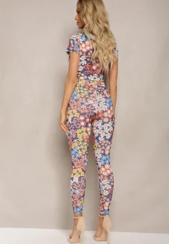 Granatowo-Czerwony 2-Częściowy Komplet w Kwiecisty Wzór Top i Legginsy Xeranetta