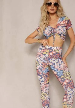 Granatowo-Czerwony 2-Częściowy Komplet w Kwiecisty Wzór Top i Legginsy Xeranetta