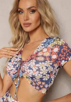 Granatowo-Czerwony 2-Częściowy Komplet w Kwiecisty Wzór Top i Legginsy Xeranetta