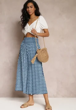 Granatowo-Niebieskie Szerokie Spodnie z Wiskozy z Marszczoną Gumką w Talii Mellody