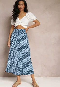 Granatowo-Niebieskie Szerokie Spodnie z Wiskozy z Marszczoną Gumką w Talii Mellody