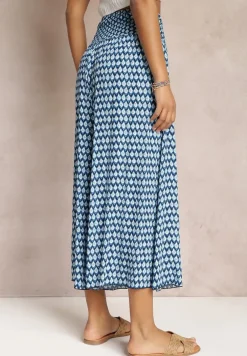 Granatowo-Niebieskie Szerokie Spodnie z Wiskozy z Marszczoną Gumką w Talii Mellody