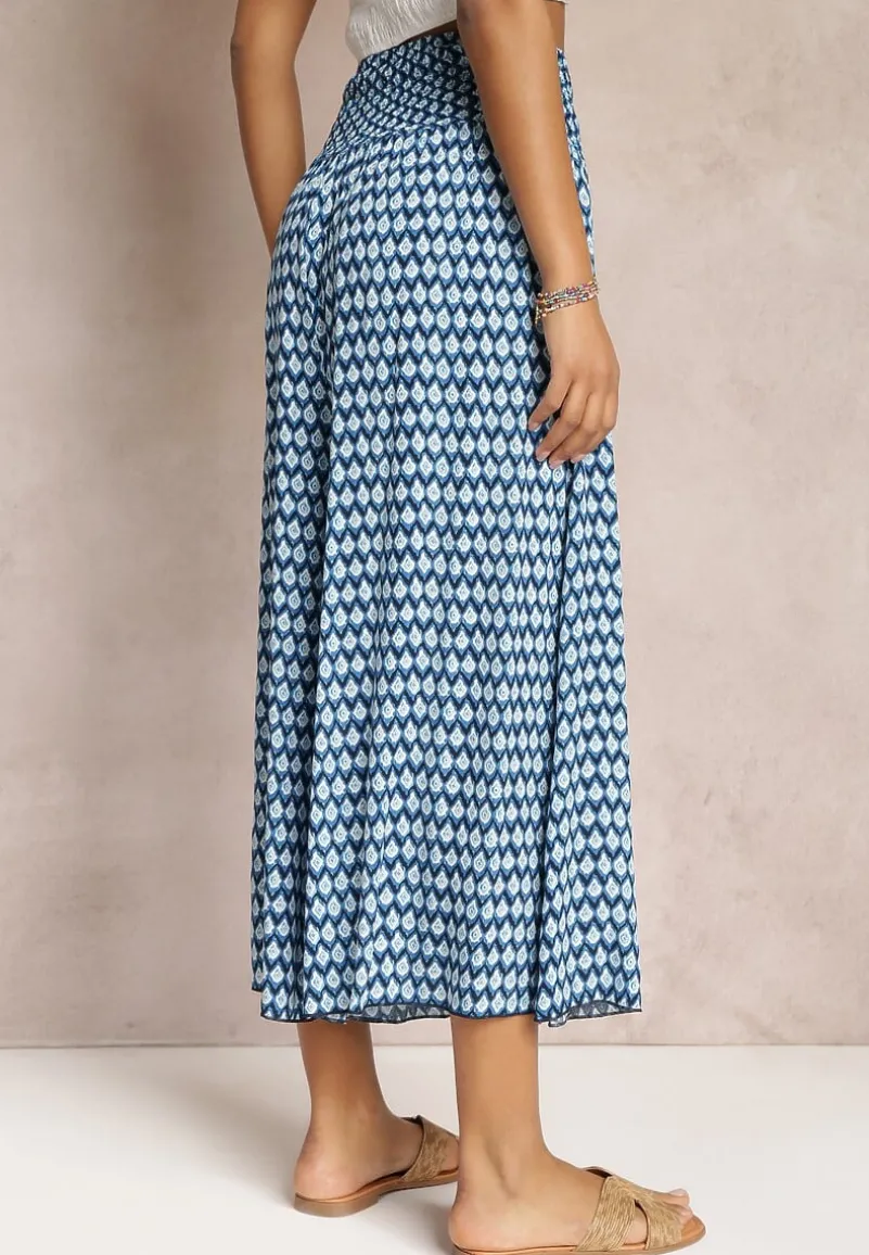 Granatowo-Niebieskie Szerokie Spodnie z Wiskozy z Marszczoną Gumką w Talii Mellody