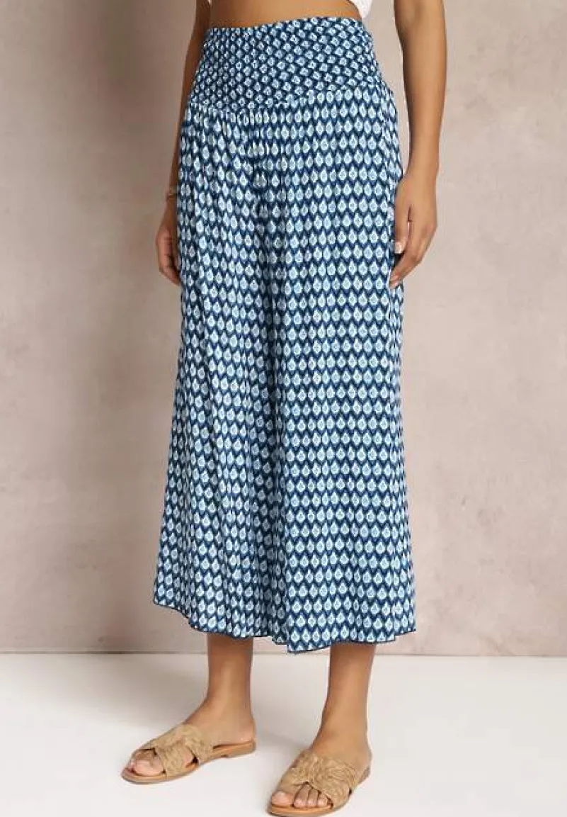 Granatowo-Niebieskie Szerokie Spodnie z Wiskozy z Marszczoną Gumką w Talii Mellody