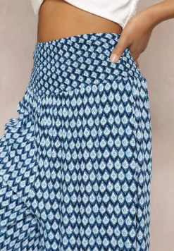 Granatowo-Niebieskie Szerokie Spodnie z Wiskozy z Marszczoną Gumką w Talii Mellody