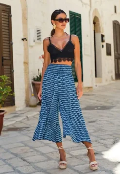 Granatowo-Niebieskie Szerokie Spodnie z Wiskozy z Marszczoną Gumką w Talii Mellody