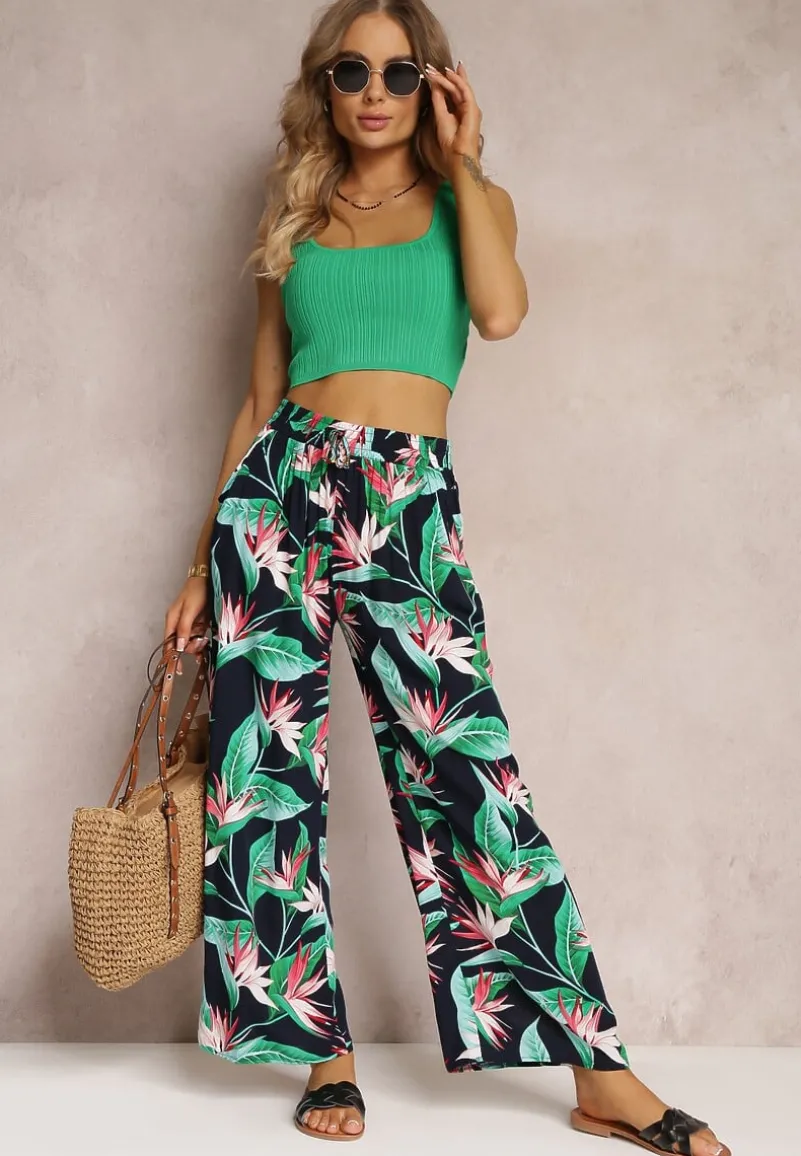 Granatowo-Zielone Spodnie w Kwiaty z Wiskozy i Gumką w Pasie Chedia