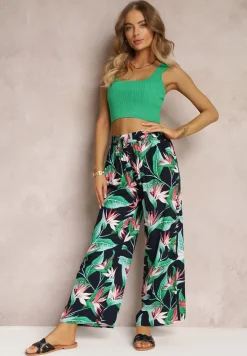 Granatowo-Zielone Spodnie w Kwiaty z Wiskozy i Gumką w Pasie Chedia
