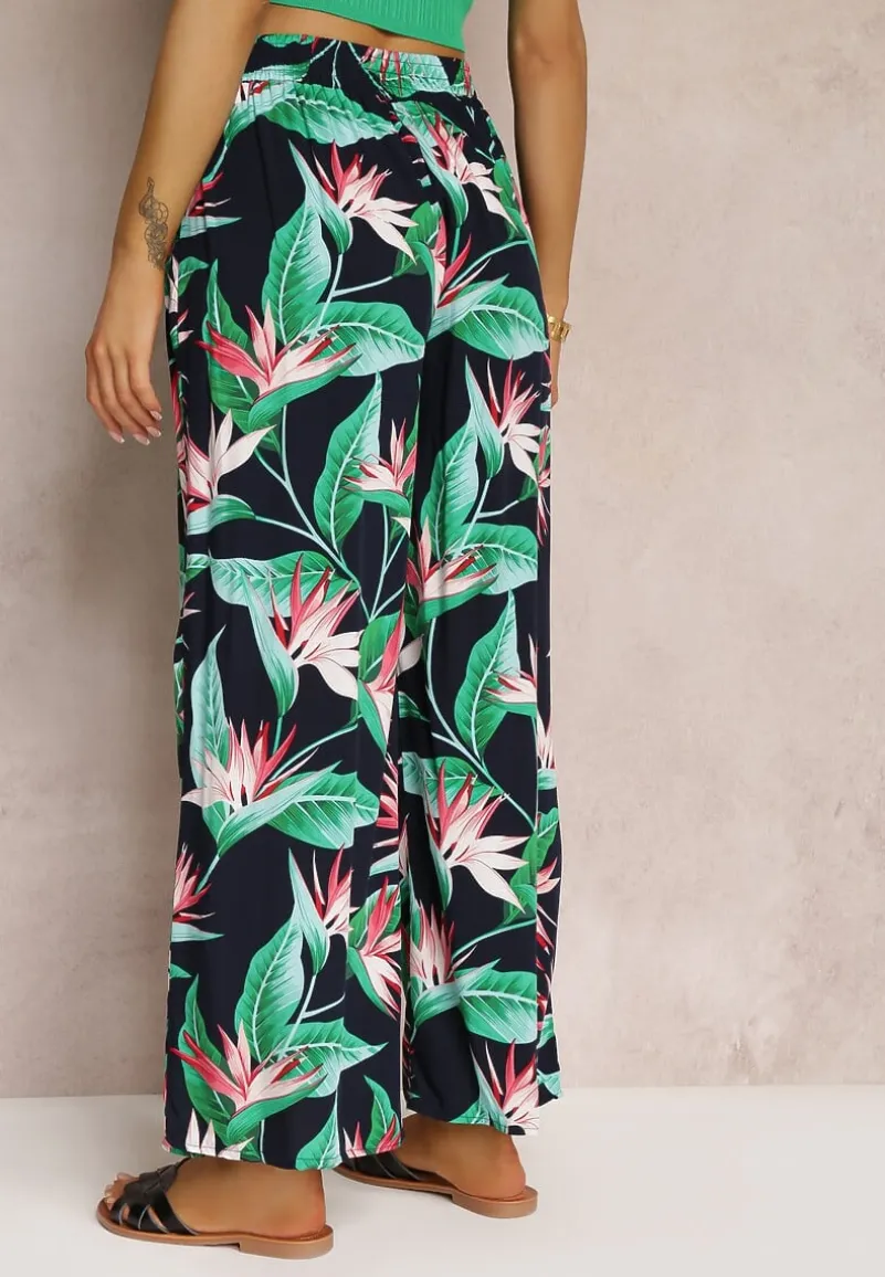 Granatowo-Zielone Spodnie w Kwiaty z Wiskozy i Gumką w Pasie Chedia